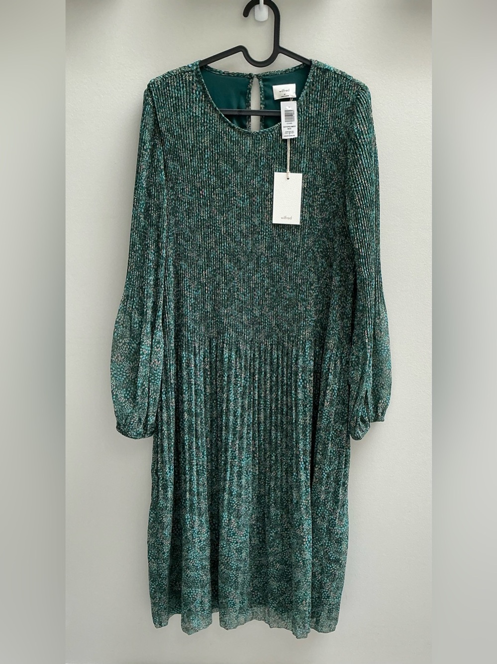 Wilfred Teal Green Patterned Long Sleeve Pleated Midi Dress